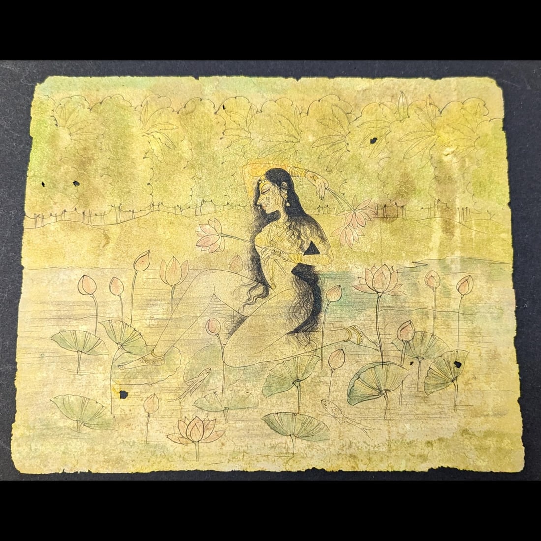 Indian Kishangarh School Miniature Painting Of Queen In A Lotus Pond: Indian Kishangarh School Miniature Painting Of Queen In A Lotus Pond. Measures approx. 6 3/4" X 8 1/4". || Please carefully read our terms of sale, shipping information, and request any condition repo