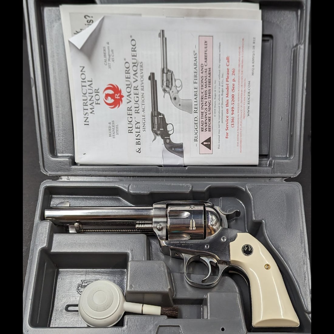 Ruger New Vaquero .357 Magnum 6 Shot Revolver With Original Case And Accessories: ***DUE TO THIS LOT BEING CLASSED AS A FIREARM IT MUST BE PAID VIA BANK WIRE TRANSFER OR CERTIFIED CHECK.*** Ruger New Vaquero .357 Magnum 6 Shot Revolver With Original Case And Accessories. ***All fir