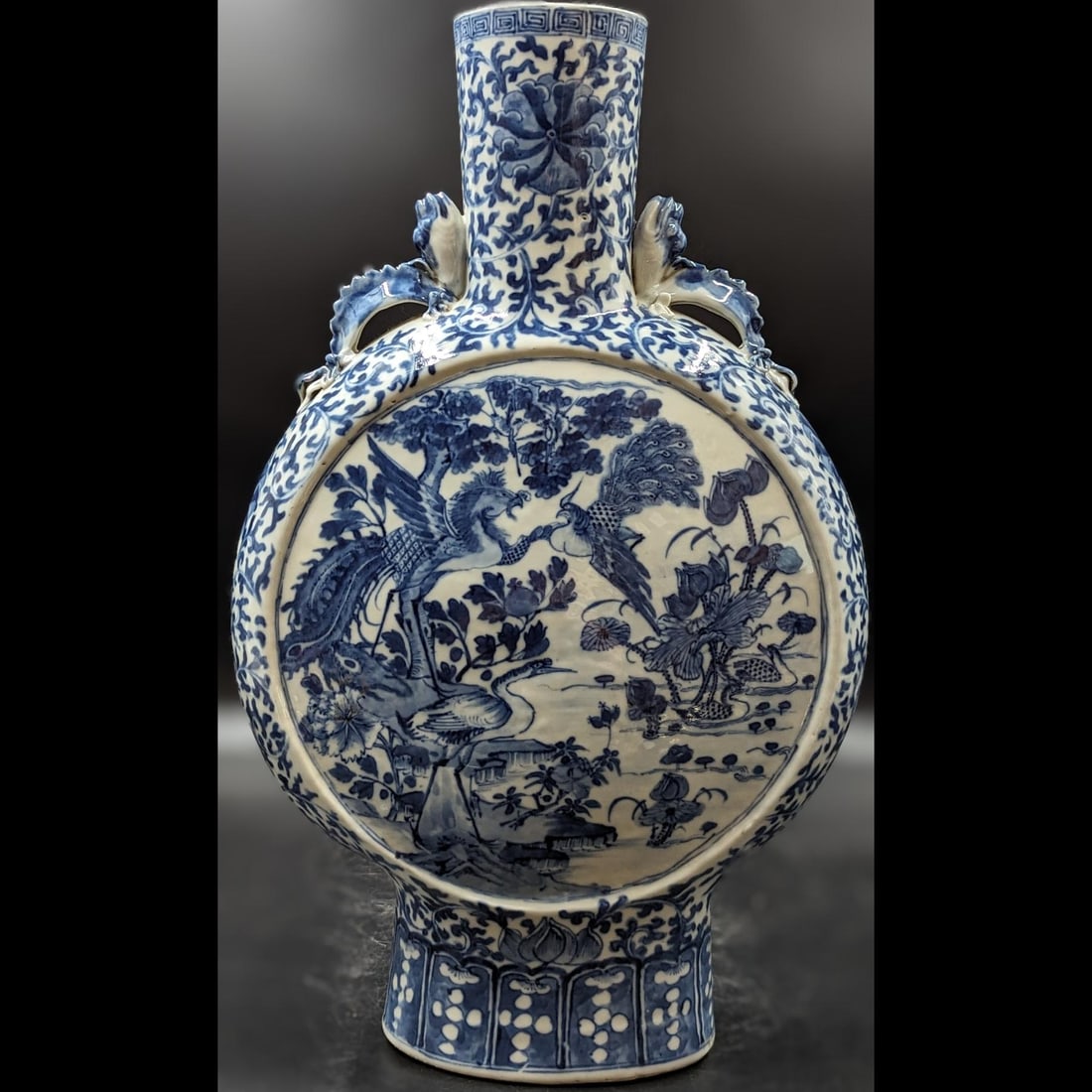 Chinese Blue And White Porcelain Moon Flask Vase: Chinese Blue And White Porcelain Moon Flask Vase. Measures approx. 18" X 10" \\ PROVENANCE: MISSOURI ESTATE || >>>RBFineArts CFL Inc. Shipping, Payment & Auction Policies<<< !!!DUE TO A RECENT INCREAS