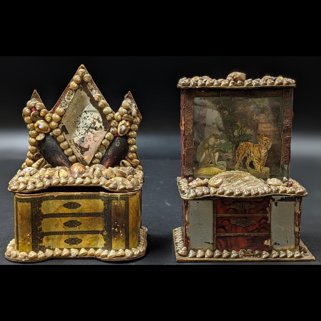 A Pair Of Victorian Dollhouse Seashell Dresser Drawers, One With Glass-Enclosed Diorama (1 of 14)
