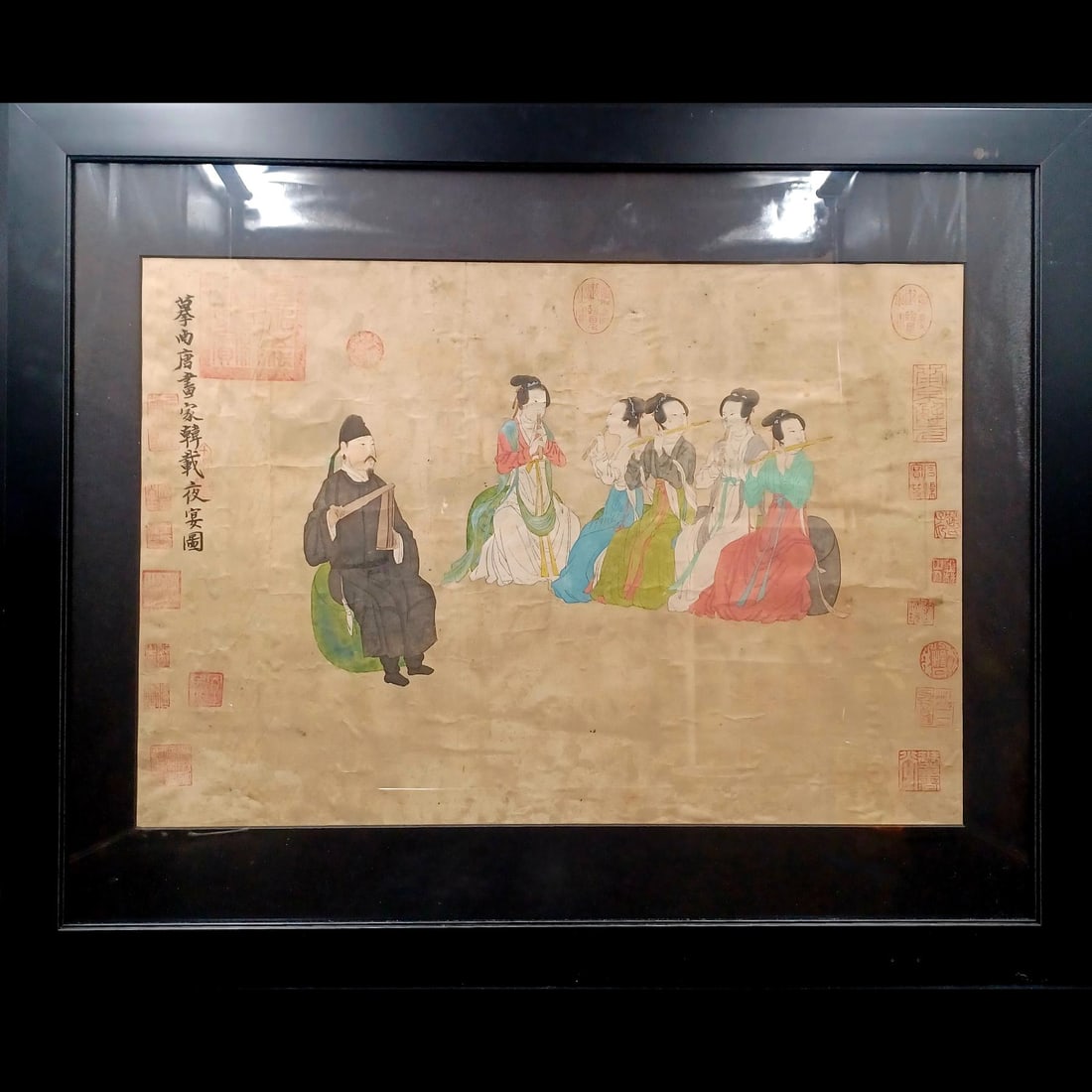 Chinese Tang Gouache Painting Of Han Dynasty With Calligraphy & Seal Stamps: Chinese Tang Gouache Painting Of Han Dynasty With Calligraphy & Seal Stamps. Measures approximately 25-1/4" tall x 31" wide, framed. Painting measures approximately 16" x 23-1/2" || >>>RBFineArts CFL 