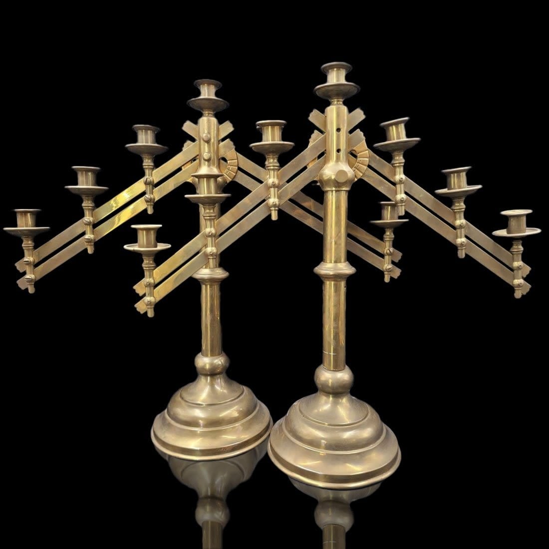 Pair Of Church Bronze Adjustable Candelabras With 7 Holders: Pair Of Church Bronze Adjustable Candelabras With 7 Holders. One is missing a tightening bolt, please see pictures. Candelabras measure approximately 20" x 23" each. || >>>RBFineArts CFL Inc. Shipping