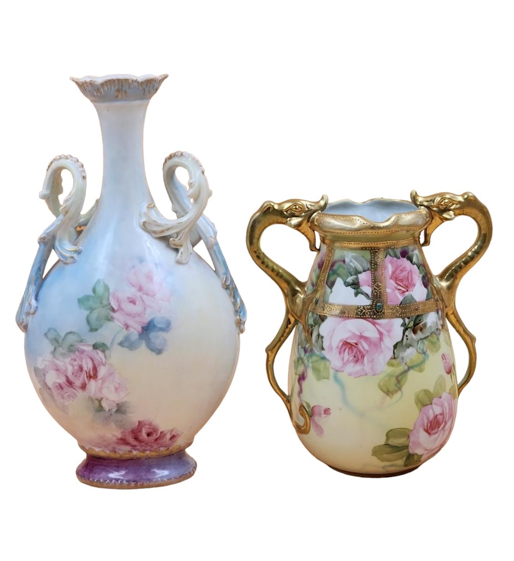 Lot Of 2 Hand Painted Two Handled Vase Limoged And Nippon (1 of 15)