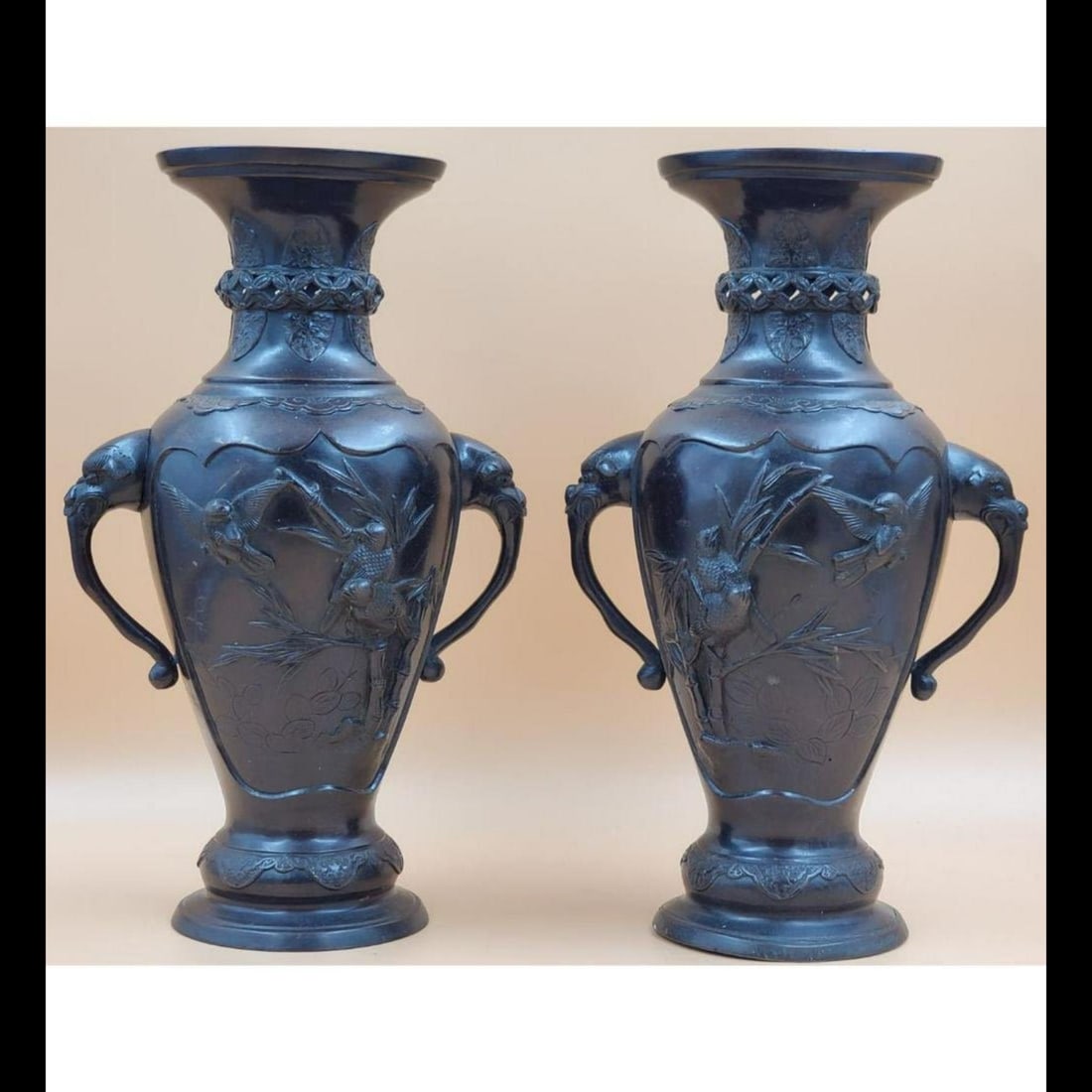 Pair of Signed 19th C. Antique Japanese Bronze Vases (1 of 17)