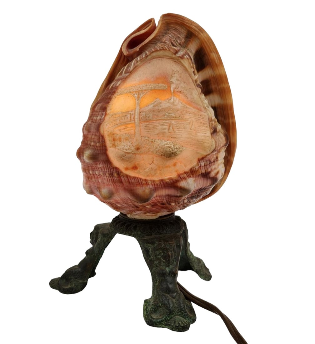 Antique Cameo Shell Lamp Mounted On Bronze: Antique Cameo Shell Lamp Mounted On Bronze. Measures Approx. 8.5" Tall. // Provenance: Private Collection From A Florida Estate. Please carefully read our terms of sale, shipping information, and requ