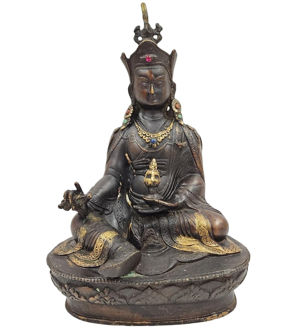 A 19th C Bronze Buddha Padmasambhava Guru Rinpoche Seated On Lotus Part Gilt (1 of 20)
