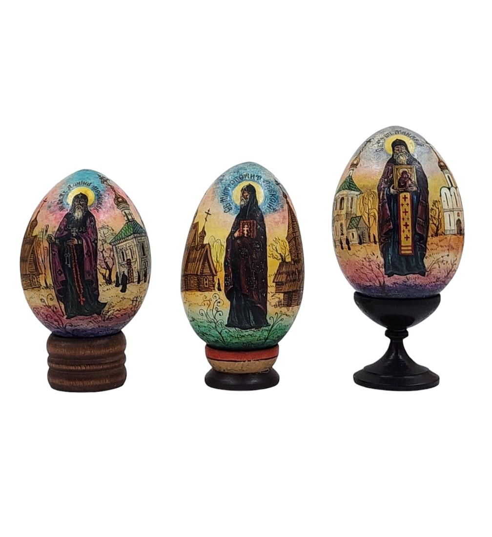 Lot Of 3 Signed Hand Painted Russian Icons Wooden Eggs (1 of 16)
