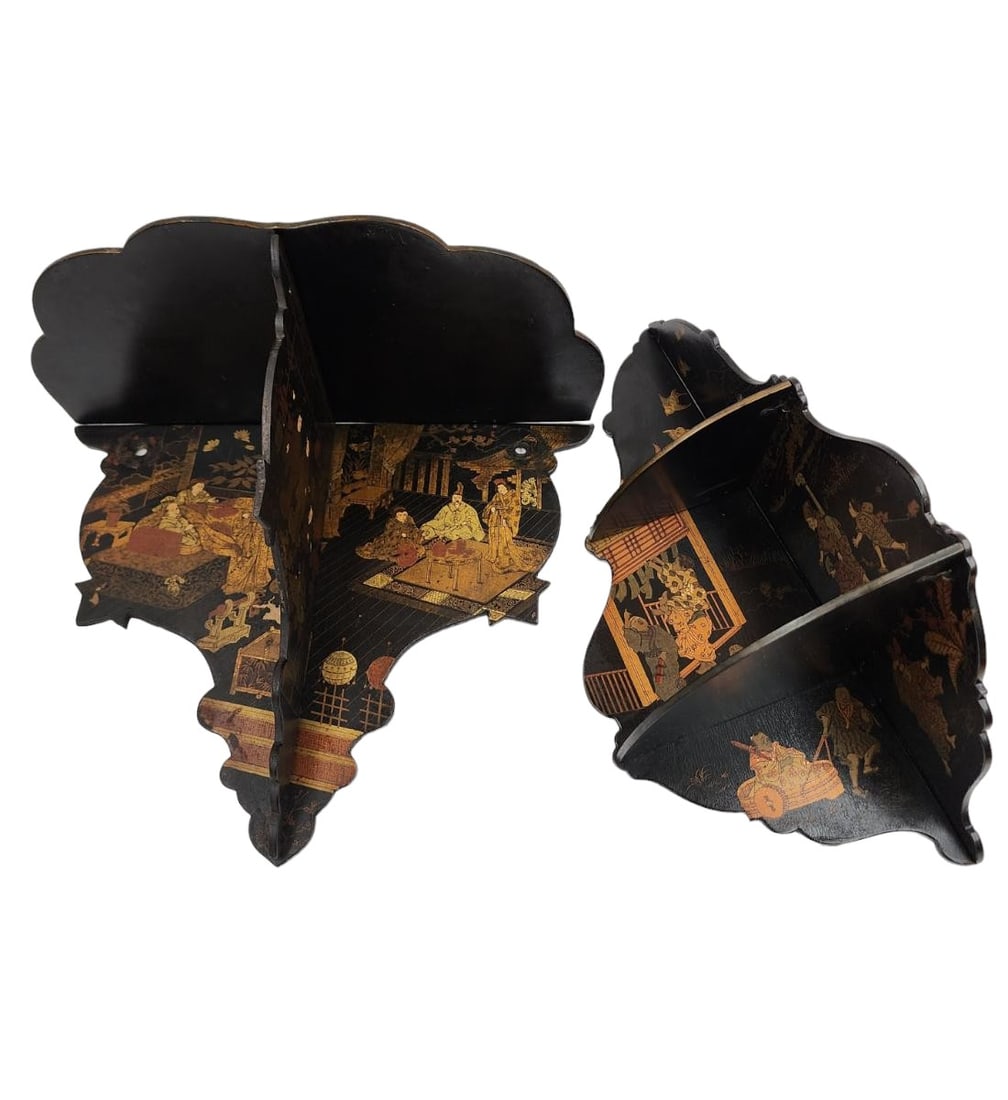 Lot Of 2 Antique Chinoiserie Lacquered Wall Shelves 19th C Victorian Era (1 of 18)