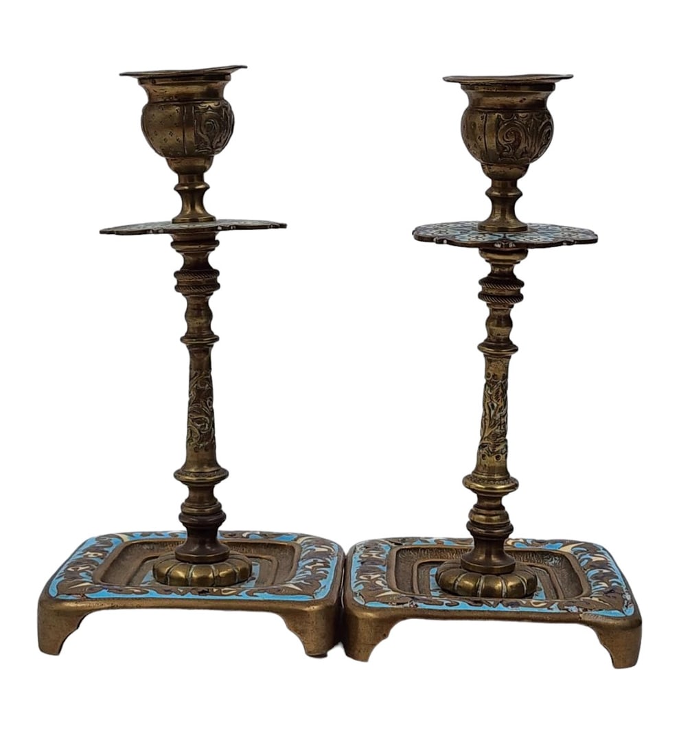 Pair Of 19th C French Champleve Enamel & Bronze Candlesticks (1 of 14)