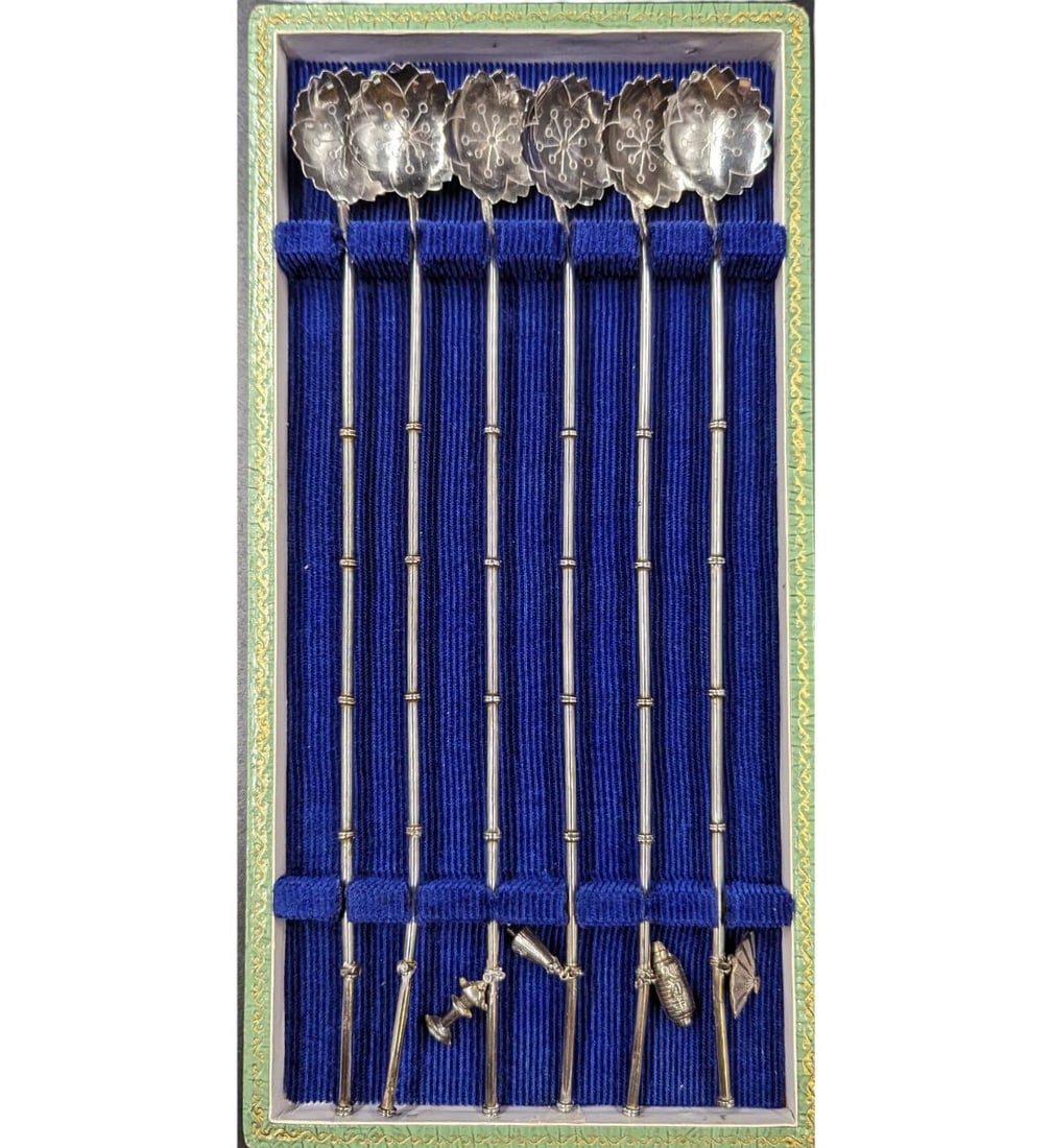 Estate Lot Of 6 Sterling Silver Tea Stirrers With Decorative Case, 57 Grams: ***DUE TO THIS LOT BEING SILVER IT MUST BE PAID VIA BANK WIRE TRANSFER OR CERTIFIED CHECK.*** Estate Lot Of 6 Sterling Silver Tea Stirrers With Decorative Case, 57 Grams. Measures approx. 9" long each