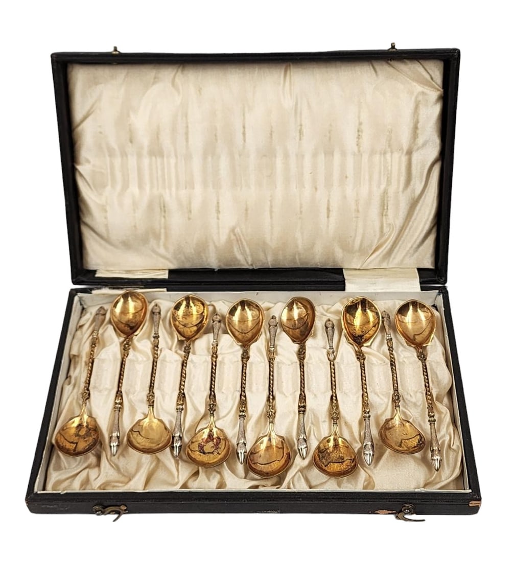 Set Of 12 Vermeil 800 Silver Spoons With Hoof Handles (1 of 16)