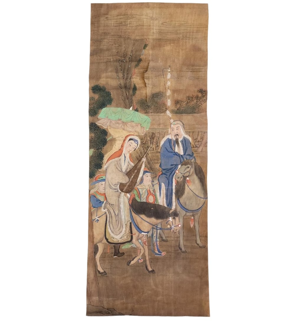 A Chinese Scroll Painting Probably 19th Century With Annotations Verso: A Chinese Scroll Painting Probably 19th Century With Annotations Verso. Measure 86" X 25" Overall. Provenance: Private Collection From A Florida Estate. Please carefully read our terms of sale, shippi