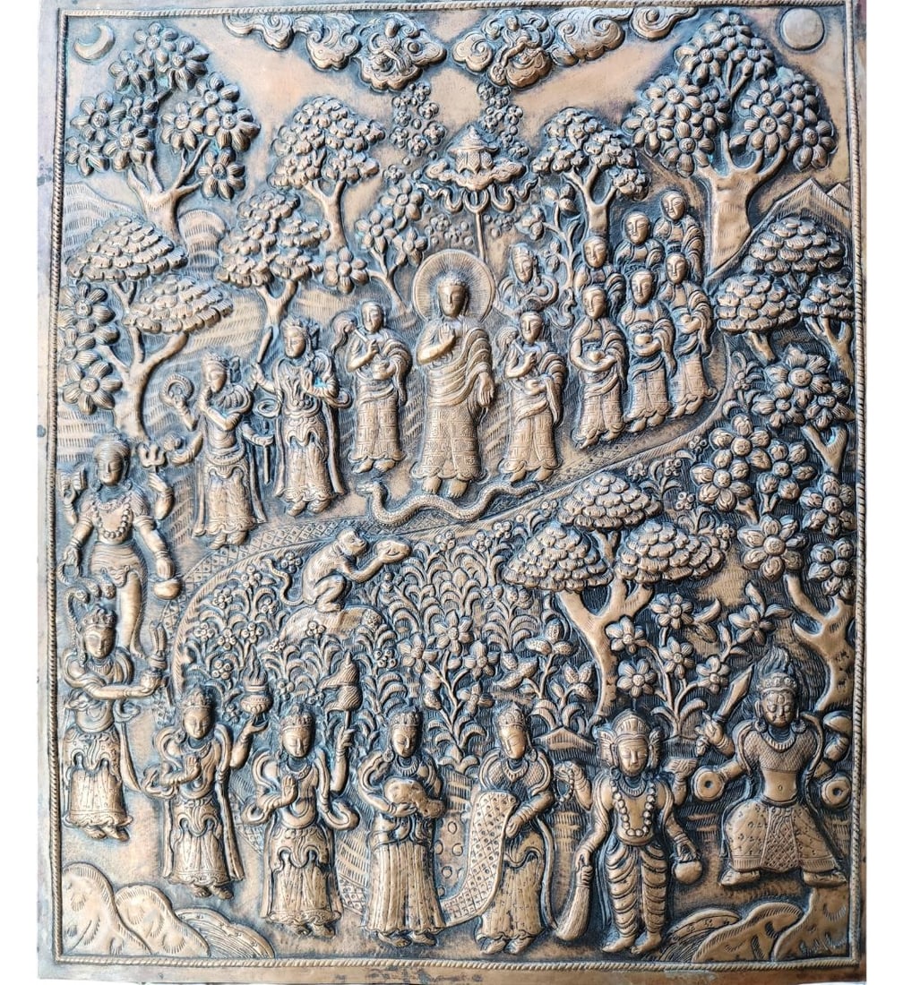 19th C Tibetan Copper Repousse Plaque With Many Figures Buddhas Gods Mahakala  Etc (1 of 19)
