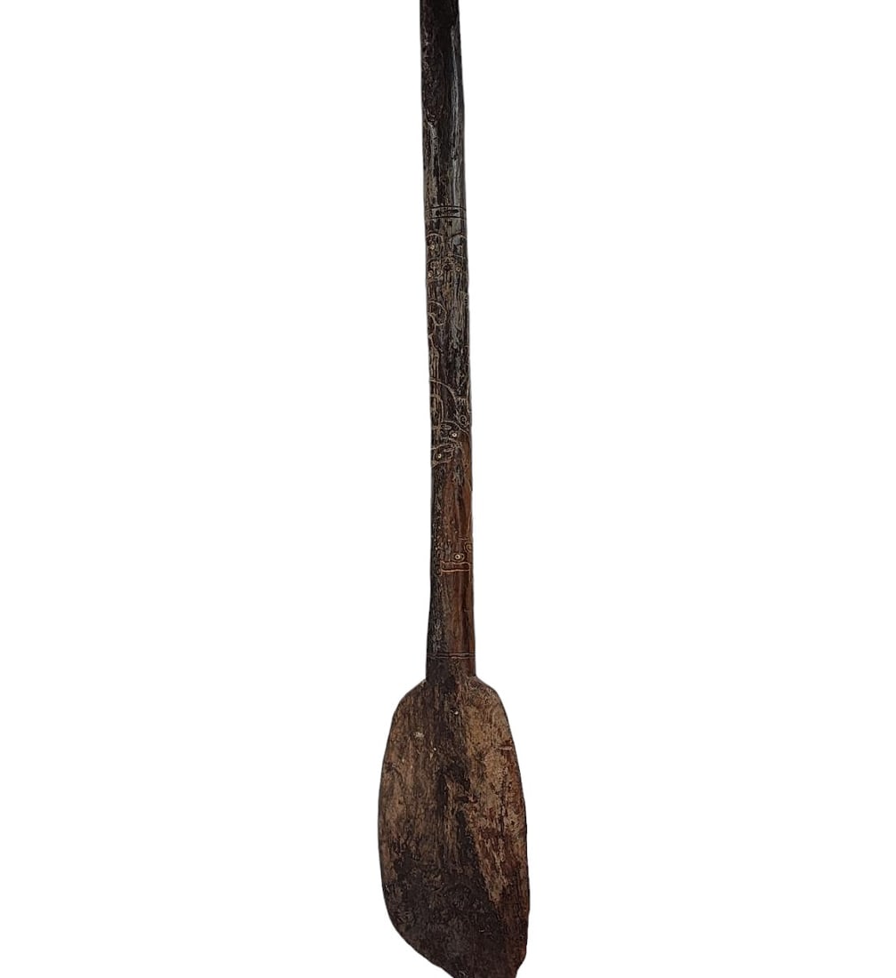 Pre Columbian Carved Mayan Wooden War Paddle / Club With Serpents Figures & Animals: Pre Columbian Carved Mayan Wooden War Paddle / Club With Serpents Figures & Animals. Measures 35" Overall. Provenance: Private Collection From A Florida Estate. Please carefully read our terms of sale