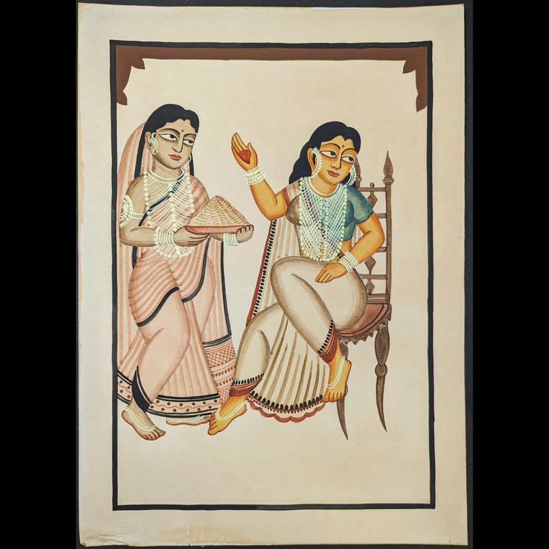 Indian Kalighat-Bengal School Painting Of An Aristocratic Lady And Her Attendant: Indian Kalighat-Bengal School Painting Of An Aristocratic Lady And Her Attendant. Measures approx. 15" X 11". || >>>RBFineArts CFL Inc. Shipping, Payment & Auction Policies<<< !!!DUE TO A RECENT INCRE
