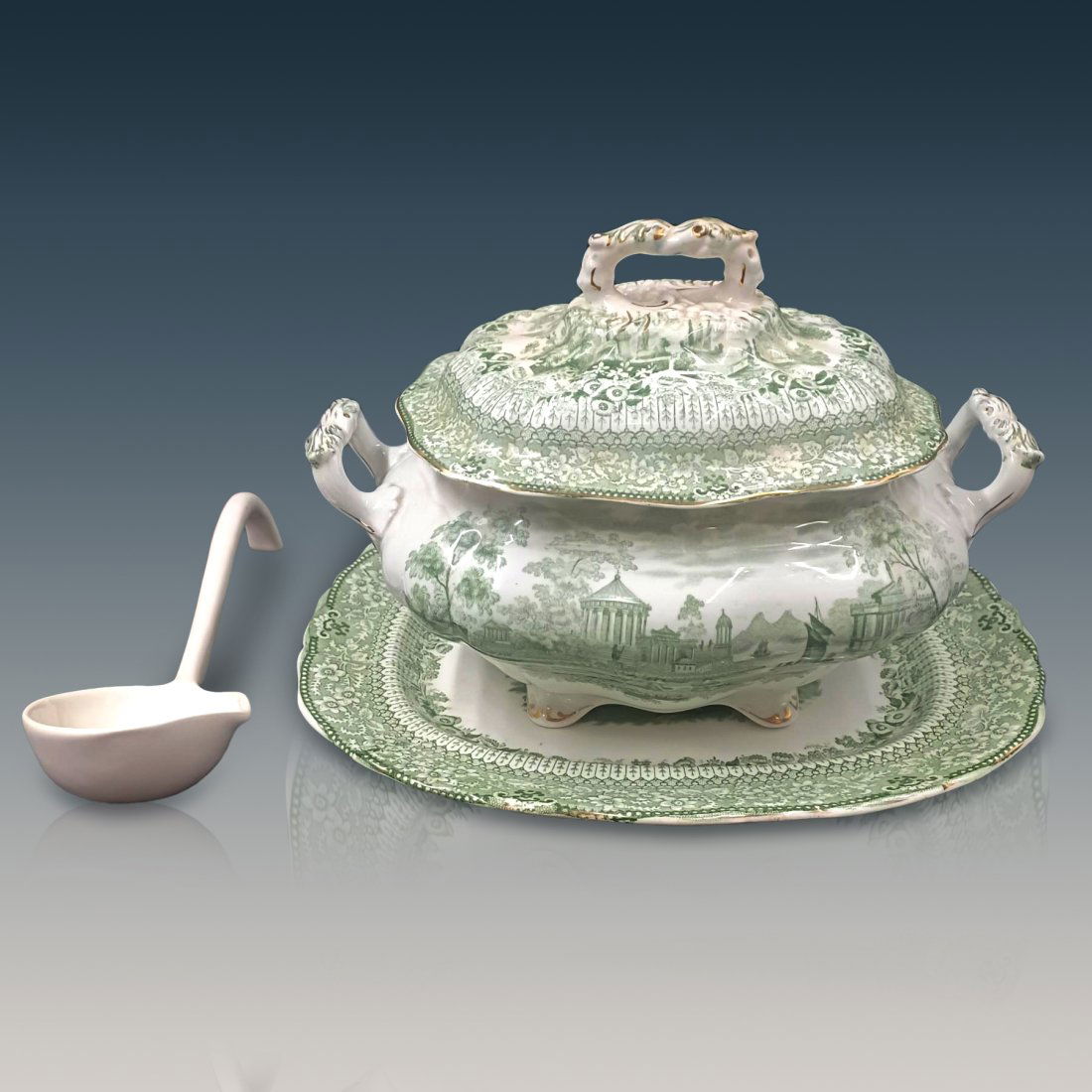 Antique Ridgways Grecian Green Transferware Soup Tureen, Ladle, & Serving Platter (1 of 20)