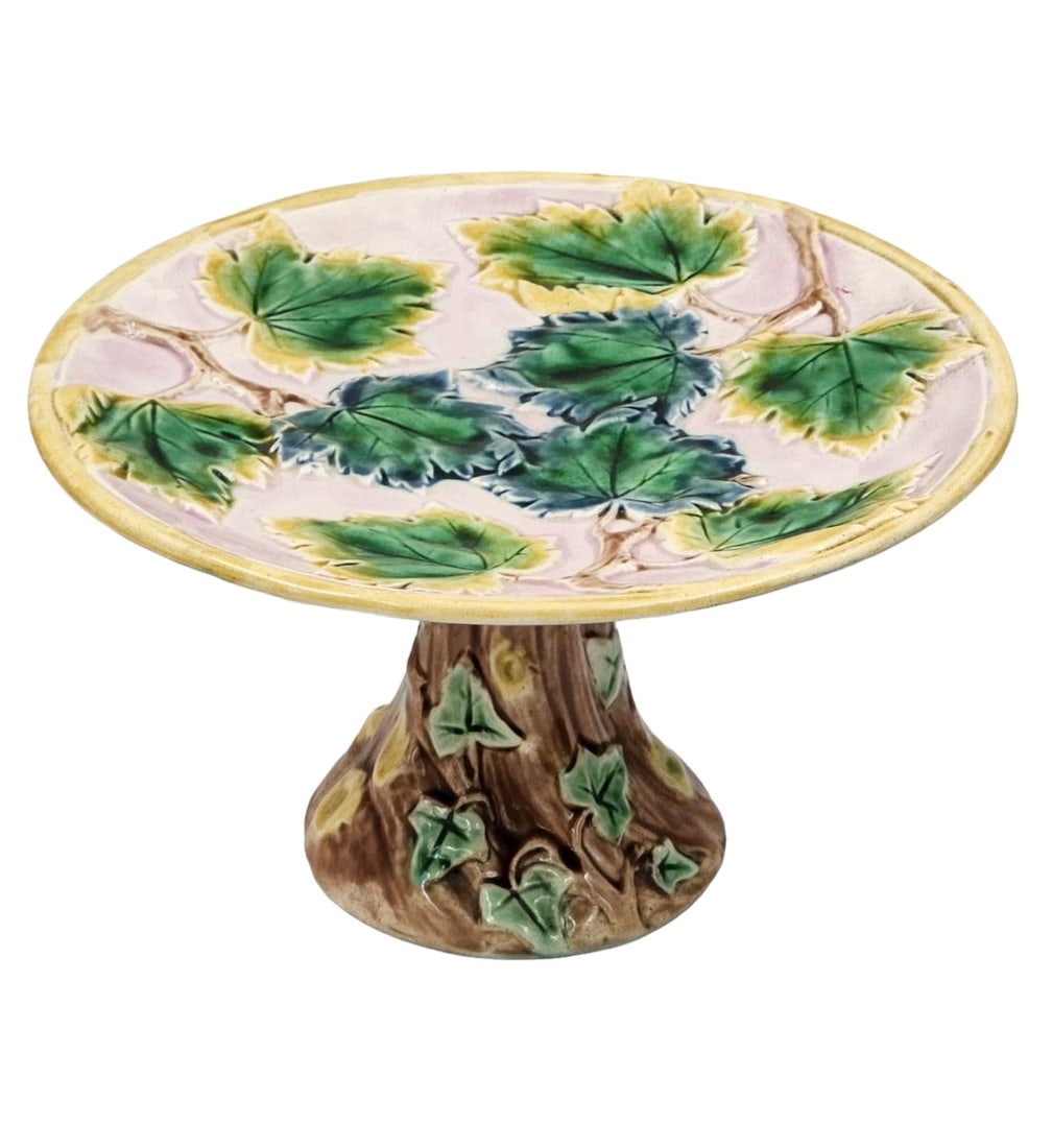 Antique Griffin Smith Hill Majolica Etruscan Maple Leaf Pedestal Plate 1880 (1 of 6)