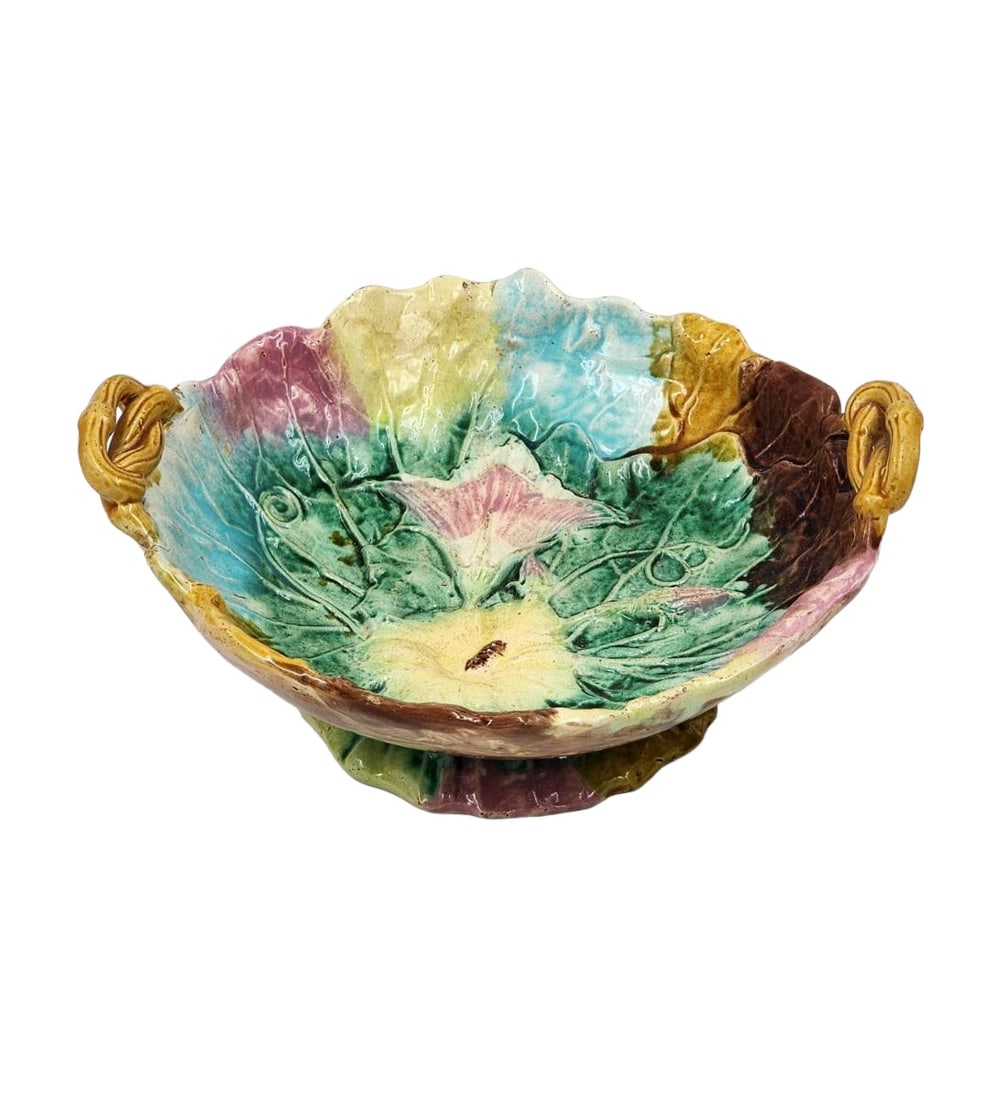 Antique Majolica Footed Bowl With Handles Morning Glory (1 of 12)