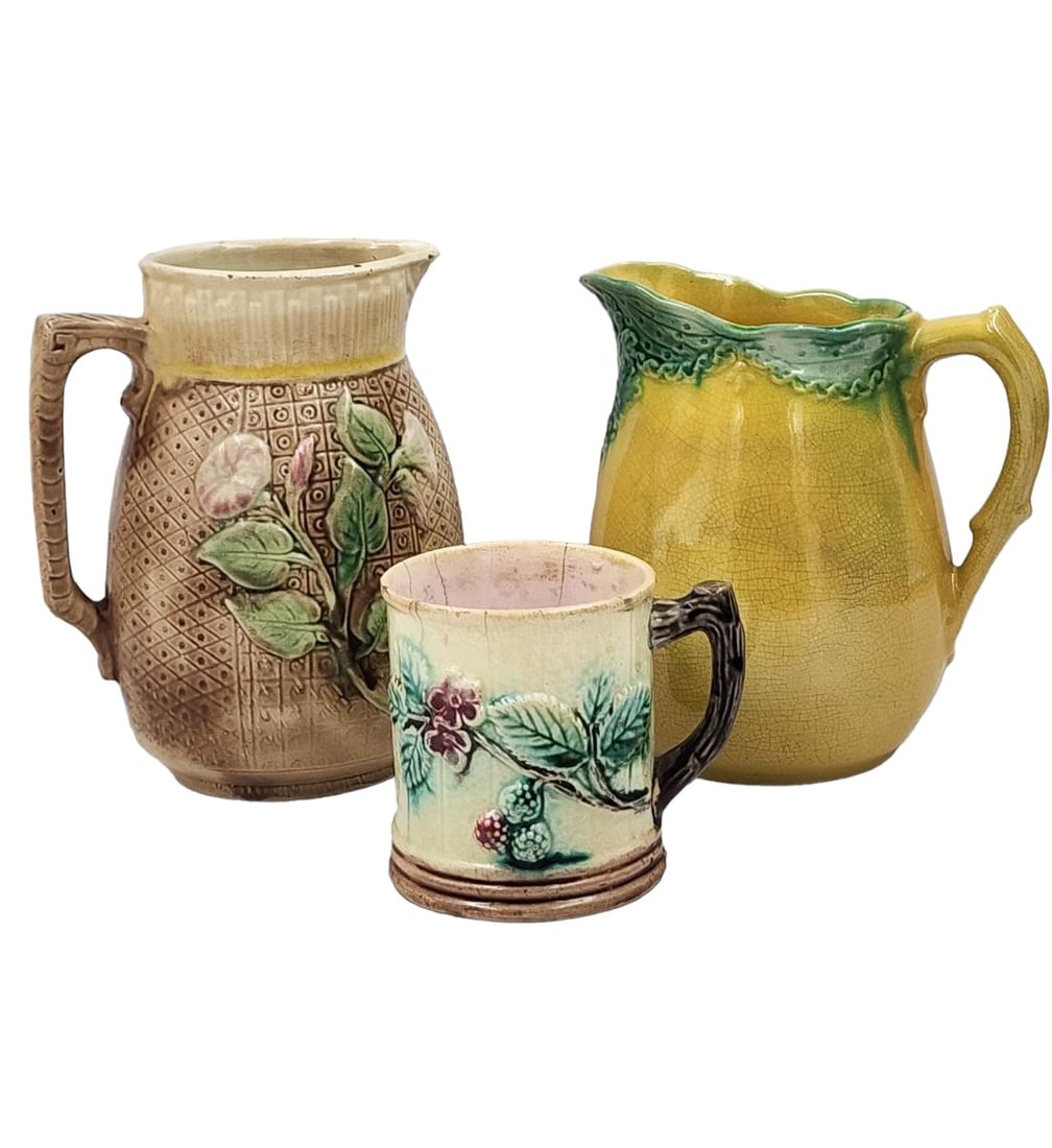 Lot Of 2 Antique Majolica Pitchers & A Cup (1 of 17)