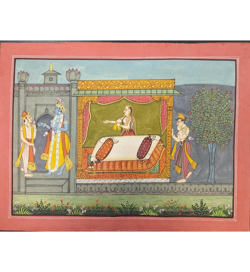 Indian Pahari School Miniature Painting From A Bhagwat Purana Series: Indian Pahari School Miniature Painting From A Bhagwat Purana Series. Measures approx. 9" X 11 1/2". Please copy and paste the URL link below to review our Terms and Conditions for bidding,