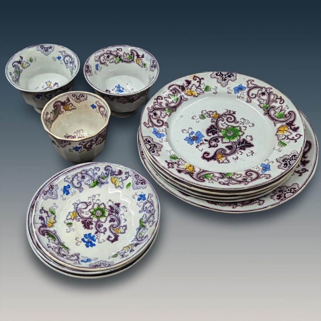 11 Piece Lot Of Francis Morley Aurora Pattern Purple Polychrome China From Early 19th C. (1 of 17)