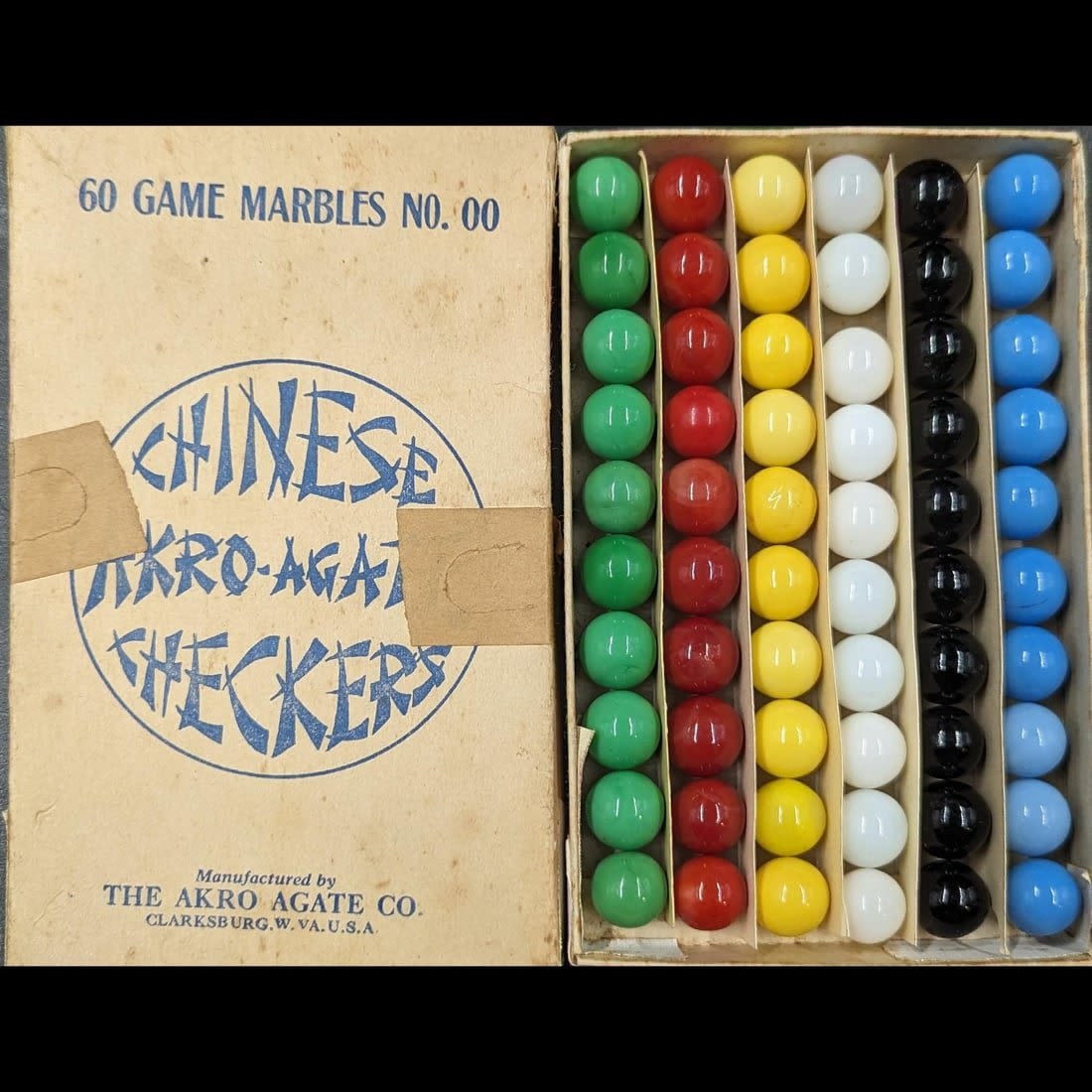 Marbles: Akro Agate Chinese Checker Marbles In Original Box, Approx. 60 Marbles, C1950's (1 of 9)
