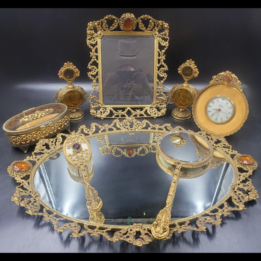 8Pc Vintage Ornamental Gold Plated Vanity Set And Clock (1 of 10)
