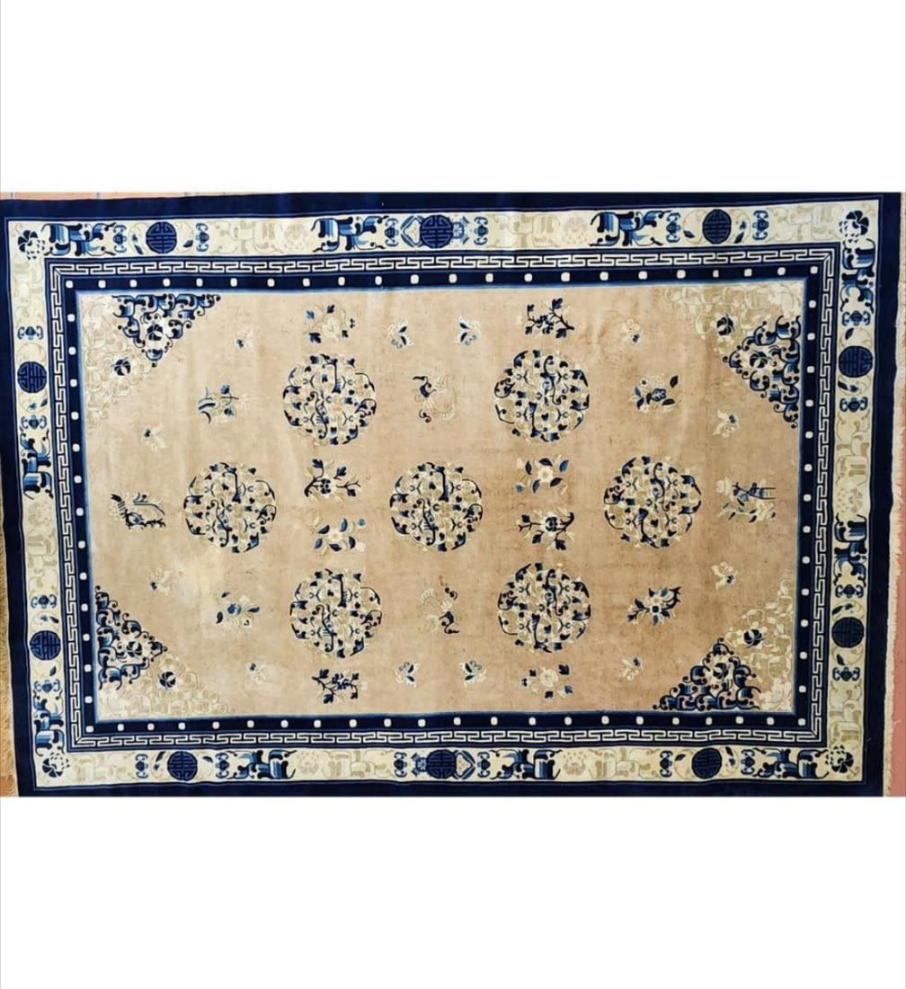 Antique Chinese Art Deco Rug 1920'S: Antique Chinese Rug 1920'S Art Deco. Measure 85.5" X 122". // Provenance: PRIVATE ESTATE CENTRAL FLORIDA. Please copy and paste the URL link below to review our Terms and Conditions for bidd