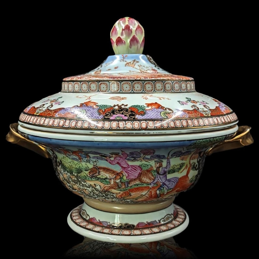 Large European Hand Painted Porcelain Footed Bowl With Handles And Lid (1 of 15)