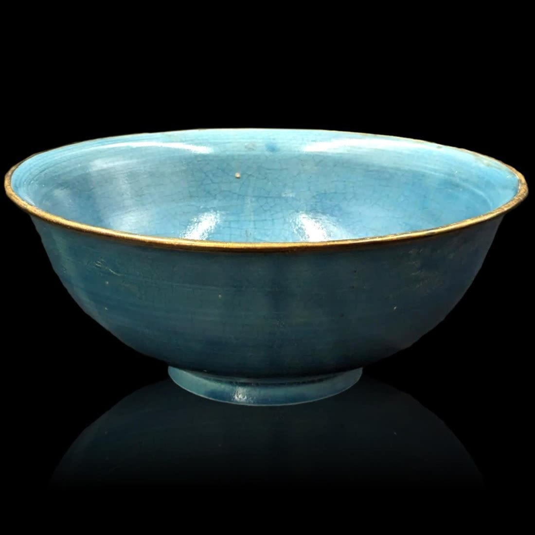 Chinese Bronze Rimmed Blue Crackle Glazed Ceramic Bowl With Calligraphy And Seal Mark (1 of 14)
