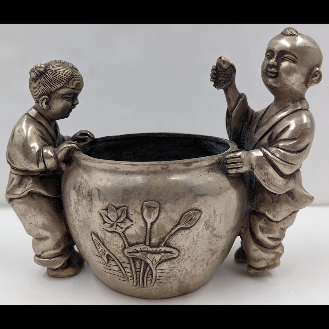 A Chinese Qing Dynasty Style Bronze Pot With Two Children, Marked On The Bottom (1 of 9)