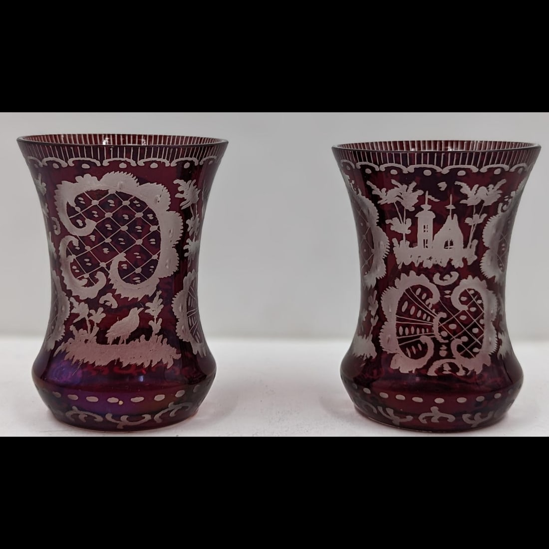Pair Of Bohemian Cut Ruby Red Glass Miniature Vases (1 of 15)