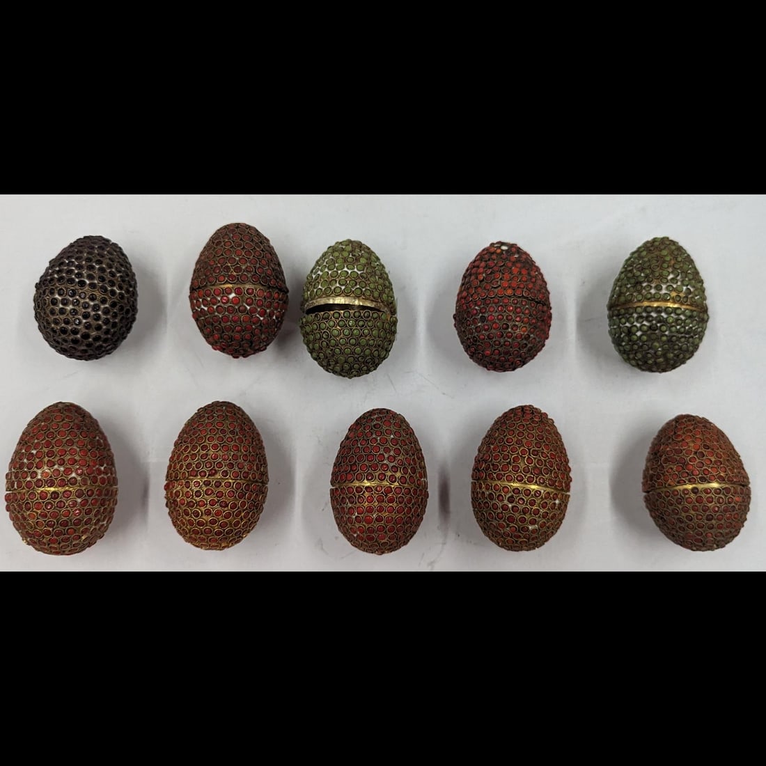 A Grouping Of 10 Coral And Precious Stone Beaded Gilt Metal Egg Trinket Boxes, Possibly Tibetan (1 of 12)