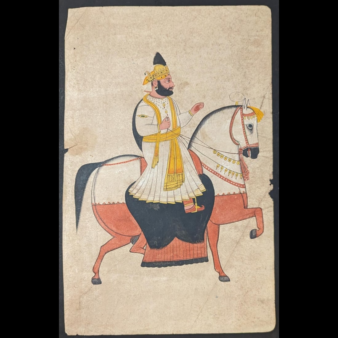 Indian Sikh School Miniature Painting Of A King On Horseback: Indian Sikh School Miniature Painting Of A King On Horseback. Measures approx. 12 1/2" X 8". Please copy and paste the URL link below to review our Terms and Conditions for bidding, payment,