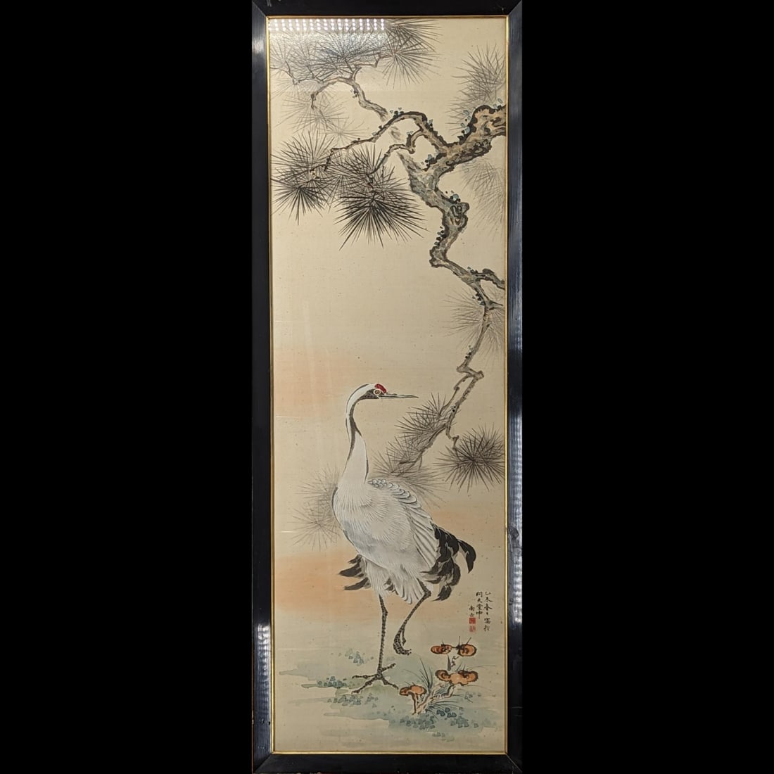 A Chinese Watercolor On Silk Painting Of A Red Headed Crane With Calligraphy And Seal Marks: A Chinese Watercolor On Silk Painting Of A Red Headed Crane With Calligraphy And Seal Marks. Measures approx. 53 1/2" X 19". Please copy and paste the URL link below to review our Terms and
