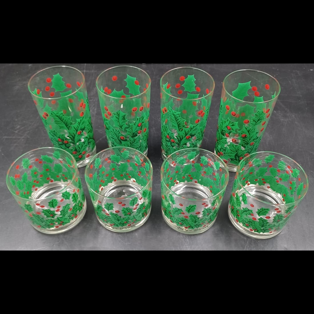 Lot Of Vintage Georges Briard Midcentury Holly Glassware: Lot Of Vintage Georges Briard Midcentury Holly Glassware. Includes 4 tall glasses which measure approximately 5-1/2" tall and 3" in diameter, and 4 short glasses which measure approximately 3-1/2" tal