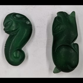 Pair Of Finely Carved Green Fluorite Animal Pendants