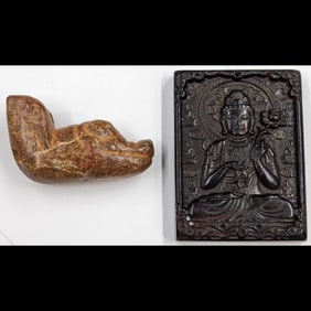 Pair Of Stone Carvings, A Carved Stone Pendant And A Carved Stone Indian Buddha Plaque