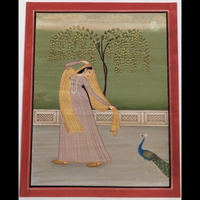 Indian Pahari School Miniature Painting Of Radha With A Peacock