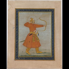 Indian Mughal School Miniature Painting Of A King Practicing Archery