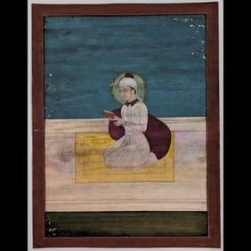 Indian Mughal School Miniature Painting Of A Saint With A Religious Text In Hand
