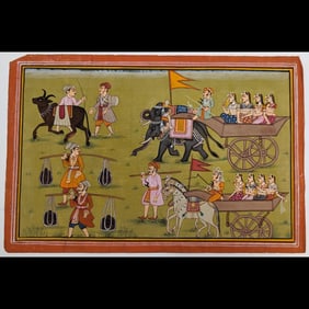 Indian Mewar School Miniature Painting Of A King's Procession