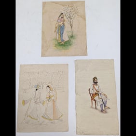 Set Of 3 Indian Kishangash School Paintings
