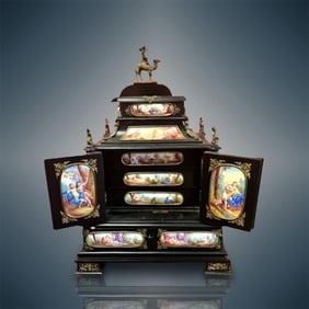 Amazing 19th C Viennese Enamel Mounted Table Cabinet / Jewelery Casket