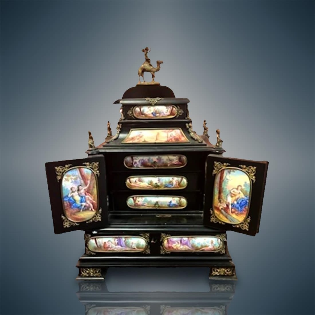Amazing 19th C Viennese Enamel Mounted Table Cabinet / Jewelery Casket