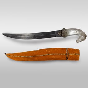 An Indian Mughal Dagger Sword With Sheath And A Finely Carved Quartz Horse Head Handle