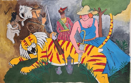 Large Maqbool Fida Husain 1915-2011 "Raj Series" Oil On Canvas Painting With COA