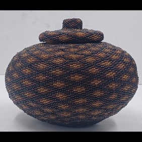 Native American Beaded Basket With Lid And Beaded Headband