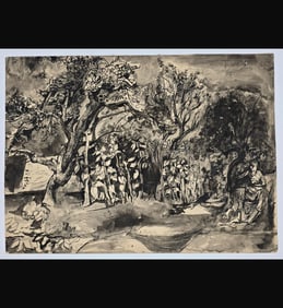 British-John Minton 1917-1957 Ink &Watercolor Painting , A Landscape & A Study Verso RARE