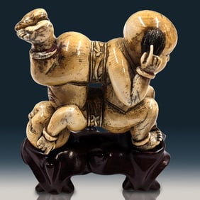 Finely Carved Antique Chinese  Figure, Twin Hehe Boys With Wooden Stand, 19th Century